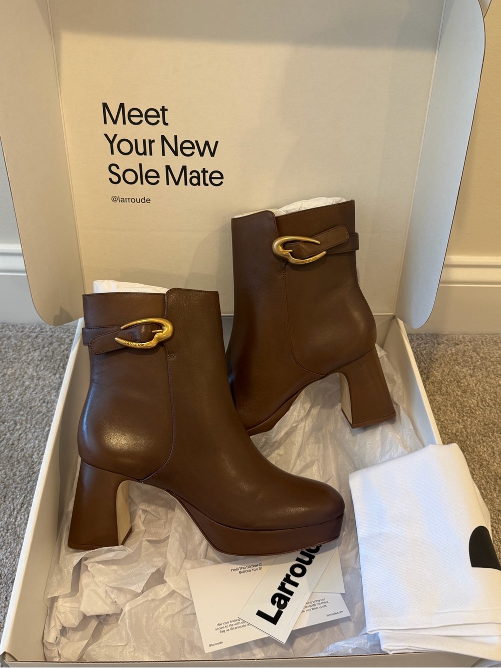Larroude Brown Leather Block Heel Ankle Boots with Gold Buckle